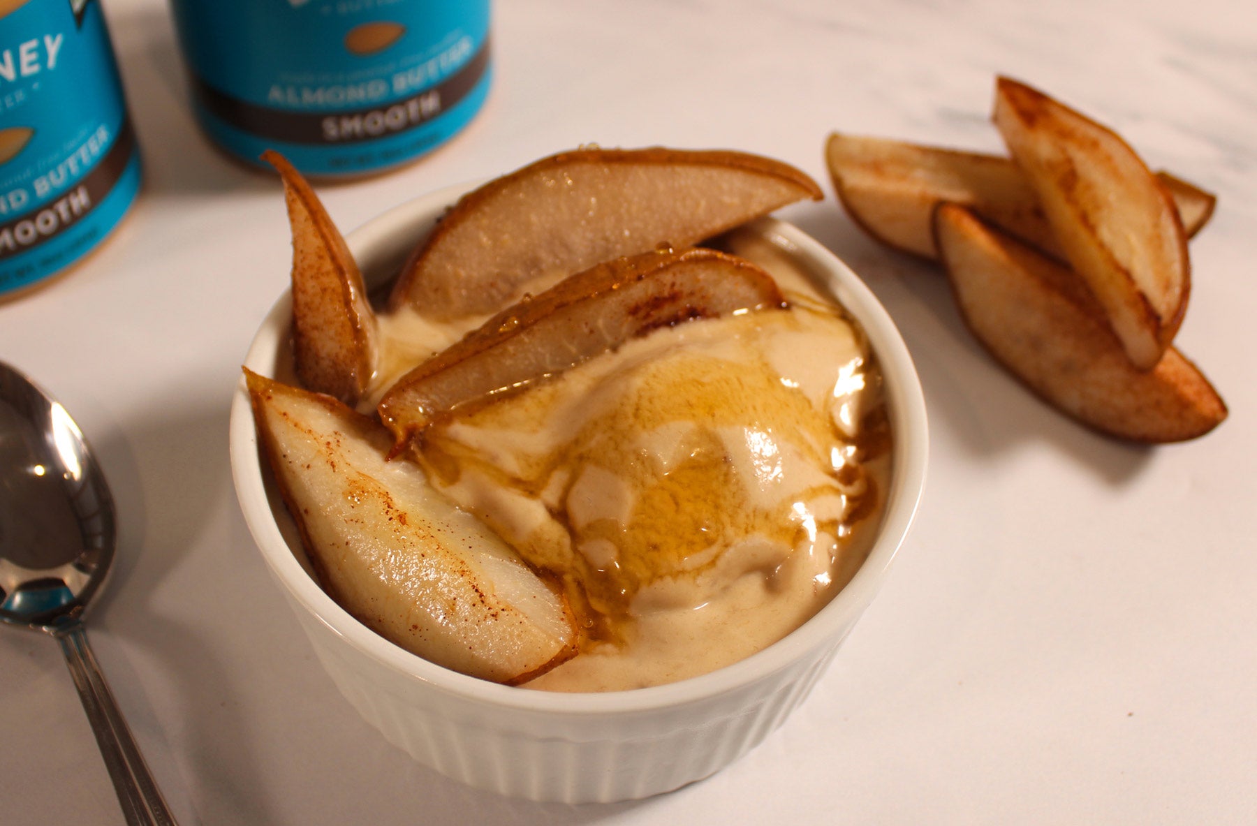 Baked Pears with Banana & Almond Butter Ice Cream
